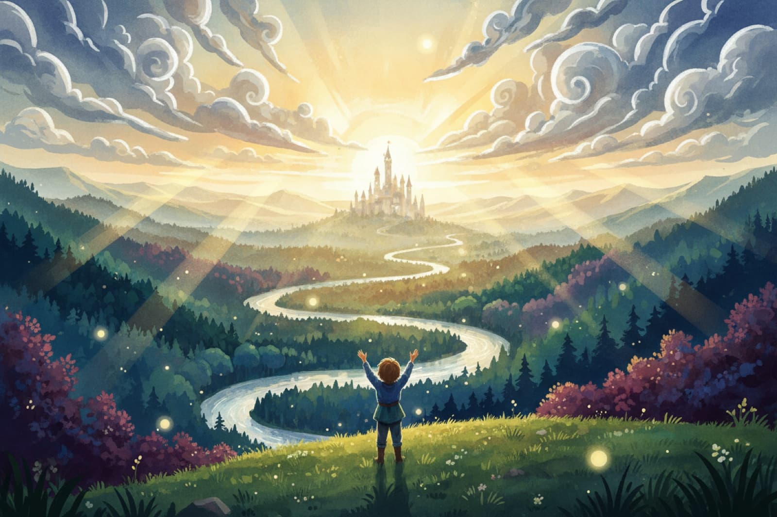 A child stands on a hilltop, arms raised, looking out over the vast enchanted world of their own storybook